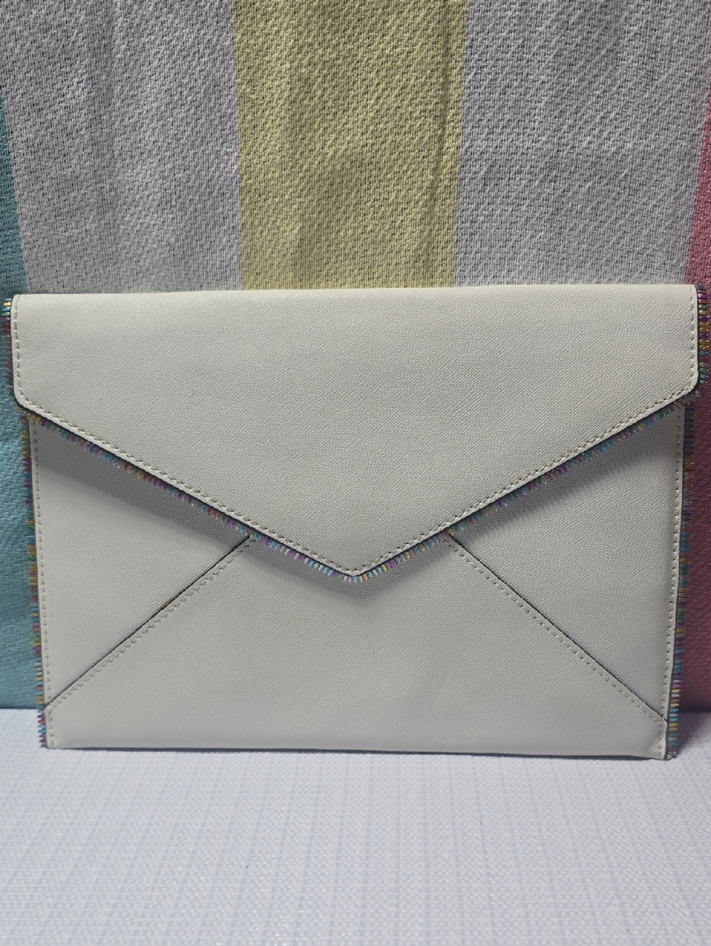 Rebecca Minkoff Leo Ivory Saffiano Leather Envelope Clutch with Zipper Trim